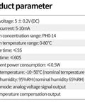 Dang Reliable pH Sensor Module For Acidity And Alkalinity Testing specifications table detailing voltage, current, and temperature ranges.