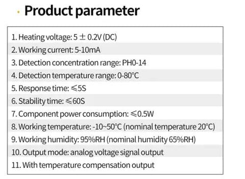 Dang Reliable pH Sensor Module For Acidity And Alkalinity Testing specifications table detailing voltage, current, and temperature ranges.
