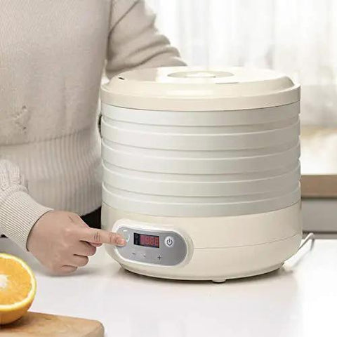 Compact Electric Food Dehydrator Machine For Fruit Jerky And Herbs With Five Stackable Trays digital timer and precise temperature dial.