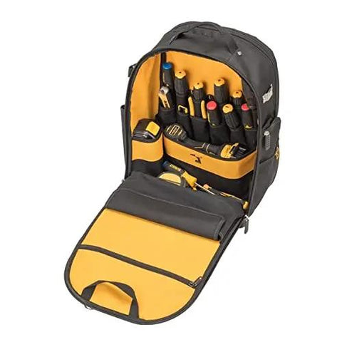 Massive 40 Liter Tool Backpack Built Tough As Nails For Contractors open showing organized tool slots and padded compartments.