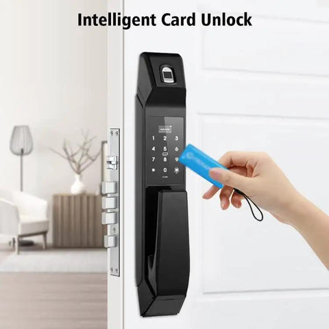 Premium Semiconductor Fingerprint Smart Door Lock With Integrated Doorbell Keyless Password And Card Access Ultra Smooth Operation Rechargeable Lithium Battery, sleek black design with user swiping an M1 card.