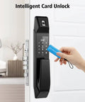 Slick Fully Automatic Smart Digital Door Lock Featuring Semiconductor Fingerprint Reader And Electronic Keypad Code Entry With Rfid Card Unlocks Built In Doorbell And Rechargeable Battery For Hassle Free Daily Security installed on a door, showing keypad and RFID card access.