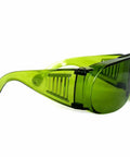 Legit Wide Spectrum Laser Safety Glasses With Kickbutt Level Eight Eye Protection And Premium Polycarbonate Shielding side view showing green tint.