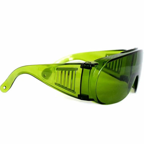 Legit Wide Spectrum Laser Safety Glasses With Kickbutt Level Eight Eye Protection And Premium Polycarbonate Shielding side view showing green tint.