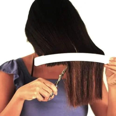 Effortless Home Hair Cutting Guide Designed For Lowkey Perfect Bangs And Seamless Salon Quality Diy Trimming Tool Set Of Two For All Hair Types Zero Hassle Quick Fix with hair cutting shield in use.