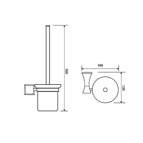 Straight Up Heavy Duty Wall Mounted Toilet Brush Holder With Chrome Suction Pad And Glass Cup dimensions diagram with measurements.
