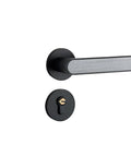 Quiet Bedroom Split Door Lock Set, Solid Metal Hardware For Smooth, Silent Operation, Easy Install, Black And White Door Knobs, Durable Craftsmanship For Modern Homes, shown with close-up of black handle and lock.