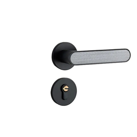 Quiet Bedroom Split Door Lock Set, Solid Metal Hardware For Smooth, Silent Operation, Easy Install, Black And White Door Knobs, Durable Craftsmanship For Modern Homes, shown with close-up of black handle and lock.