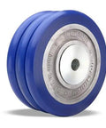 Close-up of Heavy Duty Triple Wheel Caster 8 Inch Polyurethane On Aluminum Core Industrial Swivel Casters with blue wheels.