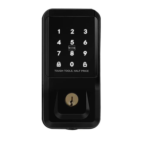 Sleek Matte Black Keyless Entry Door Lock With IC Card Reader And Touchpad Keypad front view showing keypad and keyhole.