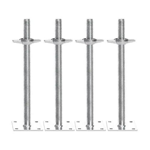 Four Pack Beefy Adjustable Leveling Jacks For Baker Style Scaffolding, 18.2 Inch Height Range, 3307 Lb Total Load Capacity, Silver Finish