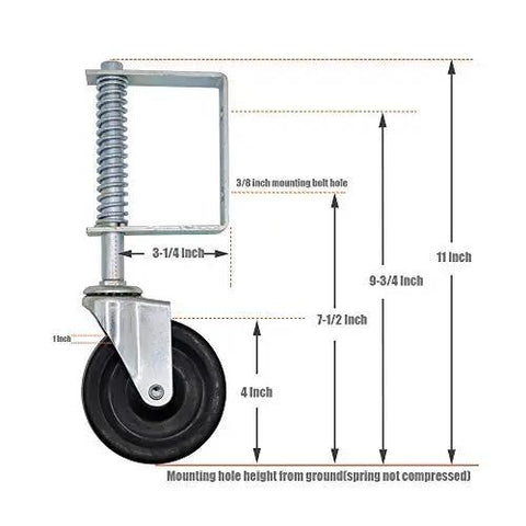Self Adjusting Spring Gate Caster With Four Inch Hard Rubber Wheel Automates Height Tweaks For Rugged Ground While Eating Up Bumps To Keep Your Gate Rolling Smooth Under 130 Pounds Of Weight In Black, showing dimensions and mounting details.