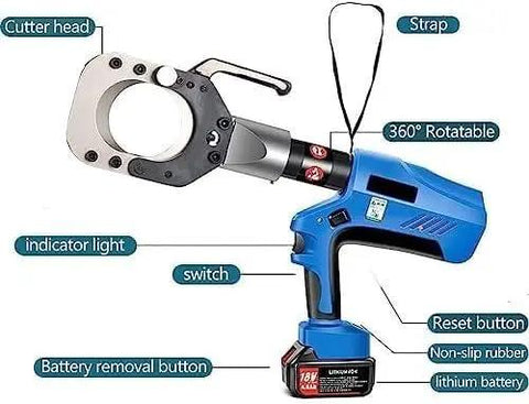 Heavy Hitting Electric Hydraulic Cable Cutter And Wire Crimper With Bright LED Screen and Swap Ready Battery showing 360° rotatable cutter head and features.