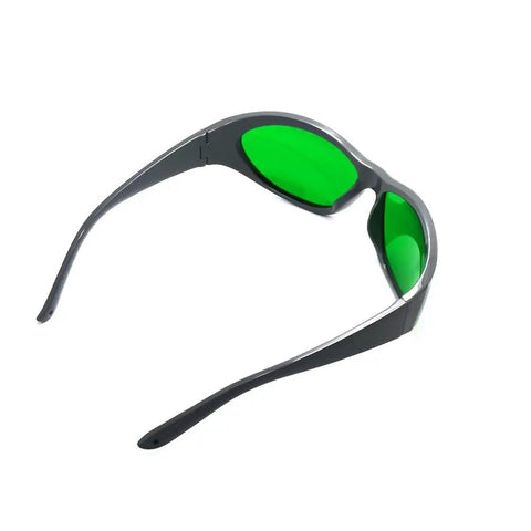All American Heavy Duty Laser Safety Glasses With Killer Eye Protection For High Power Red And Infrared Diode Beams Wide 631 To 1100 Nanometer Range clear lens with green tint from side angle