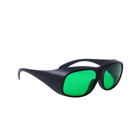 Badass Red Laser Protective Glasses With Heavy Duty OD6 Plus Optical Density Coverage For 620 To 700 Nm Wavelengths And Premium Clear Lens Safety Optics For Workshops And Labs, featuring green lenses and durable frame.
