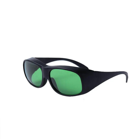 Solid Defense Laser Safety Glasses Shield Eyes Against 630 To 660Nm Red And 800 To 1100Nm Near Infrared Rays showing black frame and green lenses.
