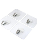 Super Tough Clear Adhesive Wall Hooks 12 Pack Stainless Steel, four clear hooks on smooth surface for easy hanging.