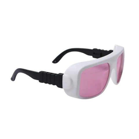 Catch These Dope Near Infrared Laser Safety Glasses For Serious Eye Protection With OD5 Plus Clarity For Any Casual Hobbyist Or Pro Workshop Project You Run Daily, featuring black arms and pink lenses.