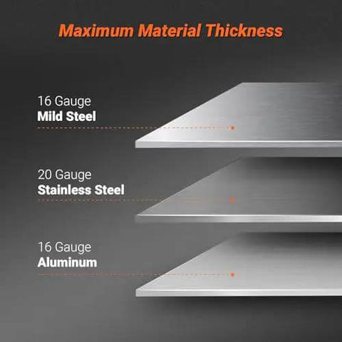 Maximum material thickness for 24 Inch Industrial Magnetic Pan And Box Heavy Duty Sheet Metal Brake; steel, stainless steel, aluminum gauge display.