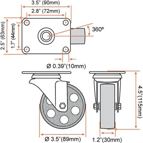 4 Piece Steel Casters With Plates That Roll Smooth as Butter and Handle 350 lbs Per Wheel Featuring Non Brake Lock Mechanism and Swivel Design Perfect for Your Shop Cart or Heavy Gear Project To get Rolling Today, detailed diagram showing dimensions.