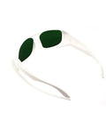 Top Tier Infrared Laser Protective Glasses With Nd:Yag Optical Density Eight Plus Clear Lens angled view with green lenses and white frame.
