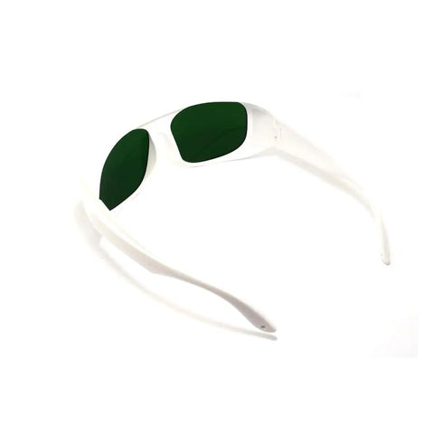 Top Tier Infrared Laser Protective Glasses With Nd:Yag Optical Density Eight Plus Clear Lens angled view with green lenses and white frame.