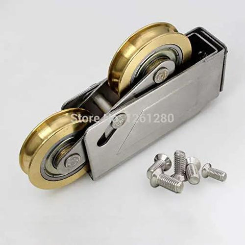 Heavy Duty Double Brass Window Slider Roller Set With Stainless Steel Axle And Copper Bearing Pulley Slick Glide Replacement For Vinyl Patio Doors Hassle Free Quick Swap Fix Stub Tracks Heavy Duty Upgrade with visible screws.