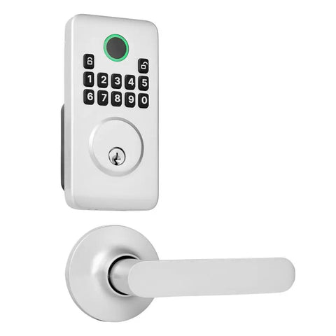 Rock Solid Keyless Entry Door Lock Set Featuring A Super Slick Silver Keypad Deadbolt With Comfortable Lever Handles close-up view of keypad and lever