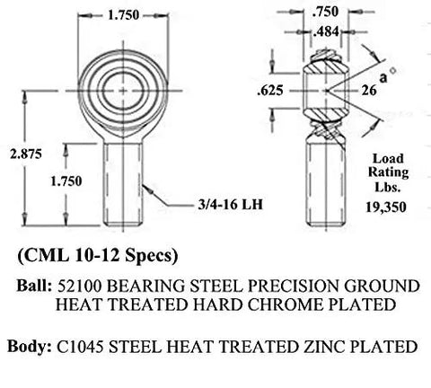 Technical drawing of Hardcore 5/8 Inch Bore 3/4-16 Thread 4 Link Rod End Set with size, materials, and specifications.