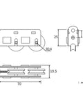 Technical drawing of Runs Like A Dream Heavy Duty Sliding Door And Window Pulleys with dimensions, showcasing dual stainless steel roller mechanism.
