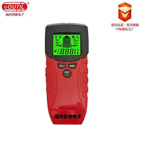 Knockout Handheld Metal Detector And Wood Moisture Meter With AC Voltage Live Wire Wall Scanner For Stud Finding Treasure Hunt Coins And Gold Dead Nuts Accurate Plug And Play, red handheld device with digital display.