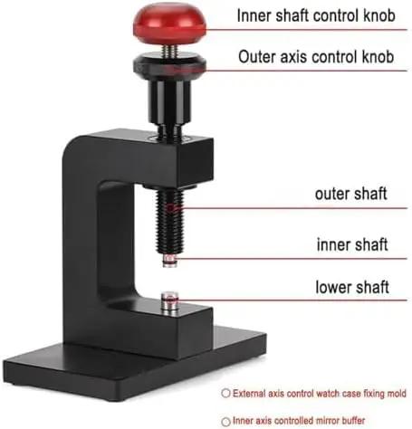 Precision tool for watch repair featuring inner and outer shaft control knobs, sturdy base for DIY adjustments.