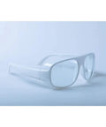 Top Shelf 10600nm Infrared Laser Safety Glasses For CO2 Lasers Od 6 Plus No Nonsense Eye Protection With 90 Percent Light Transmission For Workshop And Lab Jobs Solid Shield For Your Peepers, white frames with clear lenses, angled view.