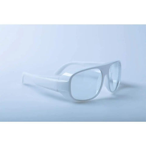 Top Shelf 10600nm Infrared Laser Safety Glasses For CO2 Lasers Od 6 Plus No Nonsense Eye Protection With 90 Percent Light Transmission For Workshop And Lab Jobs Solid Shield For Your Peepers, white frames with clear lenses, angled view.