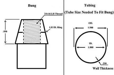 Diagram showing dimensions of a bung with 3/4-16 LH thread and tubing specifications for High Output Three Quarter Inch 3 4 16 Thread 4 Link Rod End Kit For Muscle Car And Daily Driver Builds.