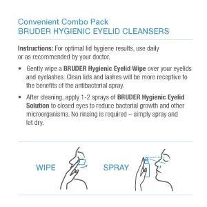 Front view of Bruder Hygienic Eyelid Cleansers value-pack box with wipe and spray instructions
