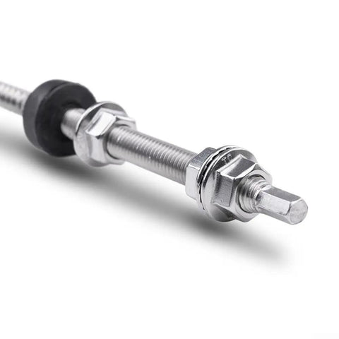 Rock Solid Stainless Steel Double Ended Wood Screws For Solar Panel Mounting Kit Compatible With Tile Tin And Color Metal Roofs Heavy Duty Photovoltaic Bracket Hardware Secure Your Rig Fast 4 Piece Set 200mm close-up of a stainless steel double-ended wood screw with rubber washer.