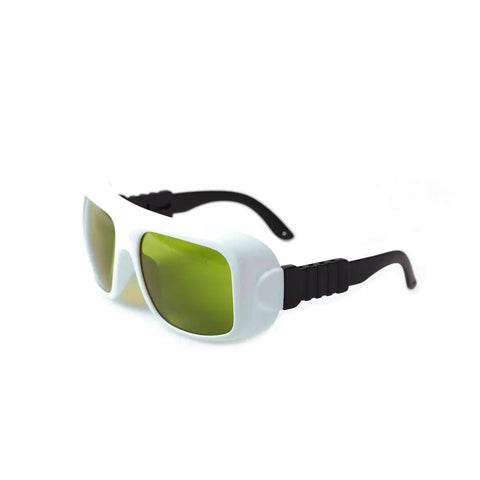 Top Shelf Laser Safety Glasses For Nd Yag And Semiconductor Work High Power Eye Protection With Optical Density Filtering Crisp Vision Shield Built Tough, featuring green lenses and sturdy design.