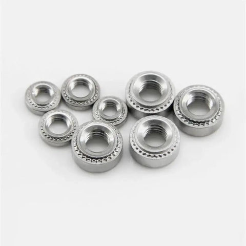 50 Pack M3-1mm CLS Self Clinching Nut Inserts 304 Stainless Steel round head nutserts of varying sizes on a white background.