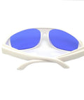 Heavy Duty Laser Safety Glasses With Top Shelf OD4 Plus Protection For Yellow Pulsed Dye Lasers And Clinical Dermatology Work Certified Eye Safety Gear For Hospitals And Labs, white frame with blue lenses.