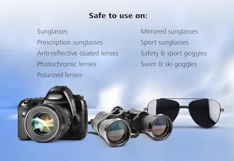 Lens cleaning wipes banner showing camera, binoculars, and sunglasses (3 items) with a safe-to-use-on lens list