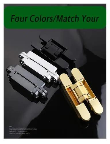 Adjustable Silent Concealed Door Hinges One Pair Black Smooth Operator Hidden Hardware For Wood Folding And Secret Room Doors 180 Degree Low Profile Opening, featuring four color options.