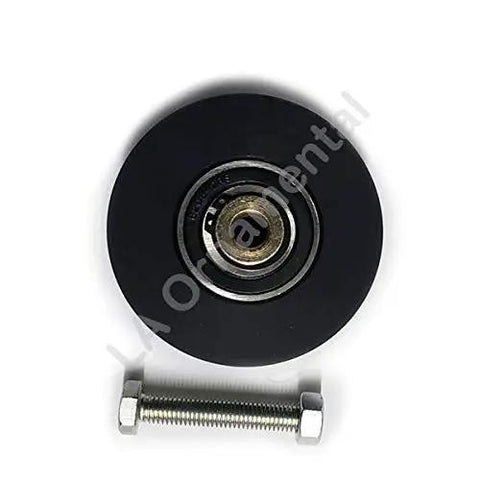 Heavy Duty Four Inch Uhmw Nylon V Groove Rolling Wheel Built Tough For Smooth Sailing Performance Featuring Sealed Ball Bearings And Zero Hassle Sliding Gate Motion Rated At Seven Hundred Fifty Pounds Capacity Set Of Two with visible bolt.