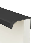 Close-up of 25 Pack Finger Edge Pulls for Black Cabinet Handles and Drawer Pulls, Kitchen Tab Hardware with 5 Inch Hole Centers.