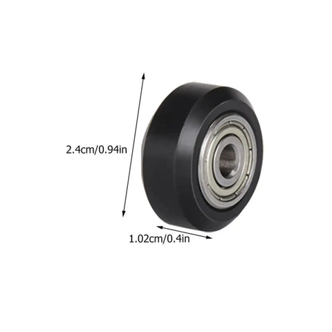 10 Piece Black Plastic V Groove Ball Bearing Wheels For 3D Printer, smooth black wheel showing diameter and inner bearing design.