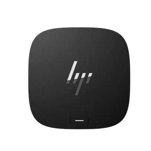 Badass Thunderbolt G4 Dock Packing 280W Speed And Crisp 4K Video sleek black USB hub with HP logo for efficient workstation use.