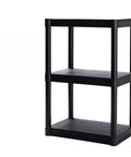 Tough As Nails Three Shelf Plastic Storage Rack with Heavy Duty Impact Resistant Frame, black, ideal for garage or pantry organization.