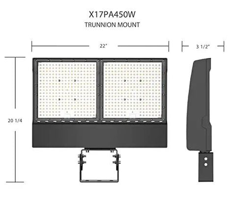Hella Bright Badass LED Floodlight Twistlock Photocell Trunnion Mount dimensions with detailed view showing mounting bracket and size.