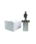 Heavy Duty Pneumatic Stopper Cylinder With A Top Shelf Aluminum Body and Smooth Precision Stroke, packaged with a box.