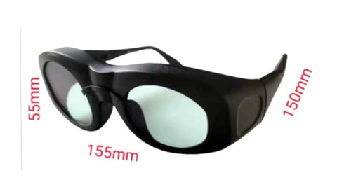 Top Shelf Laser Safety Glasses Delivering Hella Secure Eye Shielding For 980Nm Through 2500Nm Beams With OD5 Level Protection And Crisp Glass Lenses That Maintain Blazing Visibility For Hard Working Crews, showcasing black ergonomic frame and dimensions.